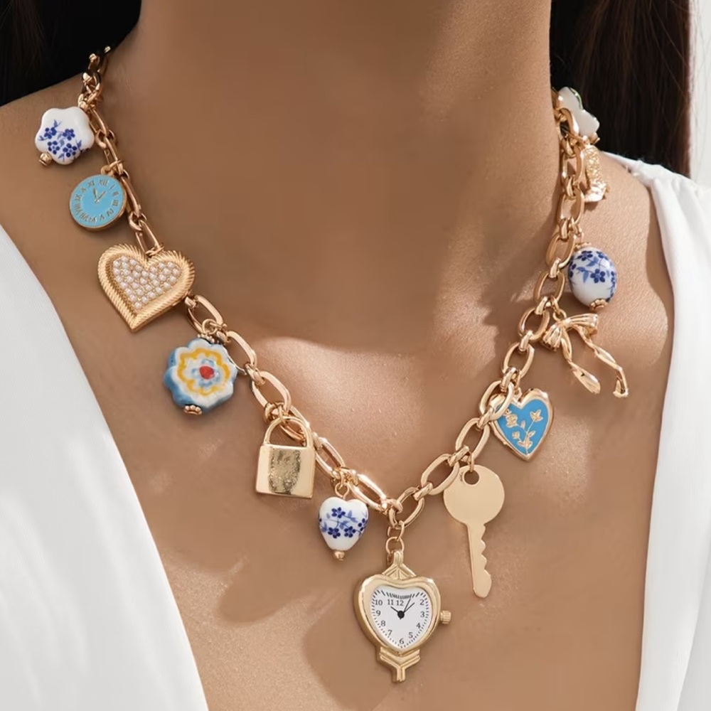 NEW Gold Charm Necklace with Blue Toile Porcelain Key Lock Clock